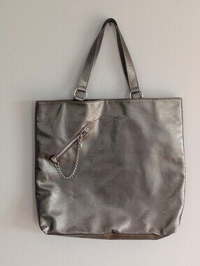 Ed Hardy Metallic Pewter Tote Bag Y2K Skull Charm Silver Shoulder Bag Large